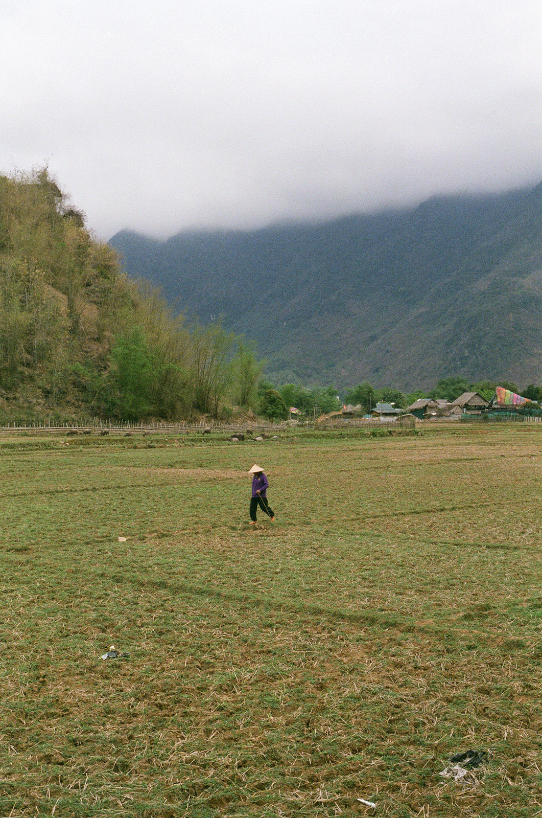 Figure in a broad green landscape beneath low clouds