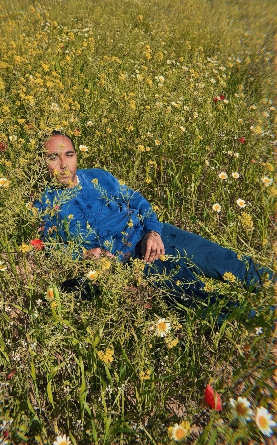 Courtland Thomas reclining in a field of wildflowers
